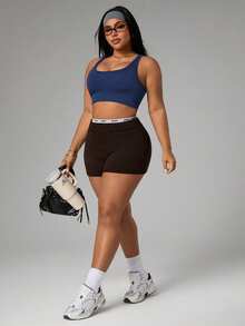 SHEIN Sports 大尺碼女款拼色交叉背日用健身運動內衣 - 藏蓝色 - 查看 7