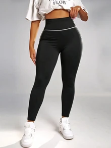 SHEIN Rhythm Era Women's Plus Size Colorblock Contrast Stitching Athletic Leggings Gym Sports Black And White Summer - Black - View 4