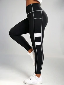 SHEIN Rhythm Era Women's Plus Size Colorblock Contrast Stitching Athletic Leggings Gym Sports Black And White Summer - Black - View 3