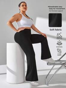 SHEIN Rhythm Era Damen Große Größen einfarbige Sporthose mit hoher Taille und weitem Bein, Yogahose - Schwarz - Übersicht 3