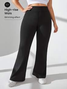 SHEIN Rhythm Era Damen Große Größen einfarbige Sporthose mit hoher Taille und weitem Bein, Yogahose - Schwarz - Übersicht 5