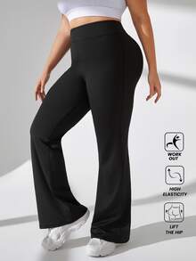 SHEIN Rhythm Era Damen Große Größen einfarbige Sporthose mit hoher Taille und weitem Bein, Yogahose - Schwarz - Übersicht 4