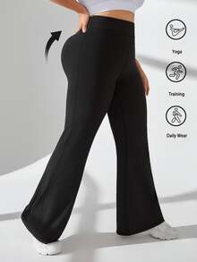 SHEIN Rhythm Era Damen Große Größen einfarbige Sporthose mit hoher Taille und weitem Bein, Yogahose - Schwarz - Übersicht 6