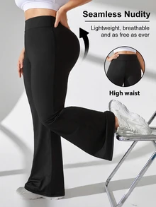 SHEIN Rhythm Era Damen Große Größen einfarbige Sporthose mit hoher Taille und weitem Bein, Yogahose - Schwarz - Übersicht 2