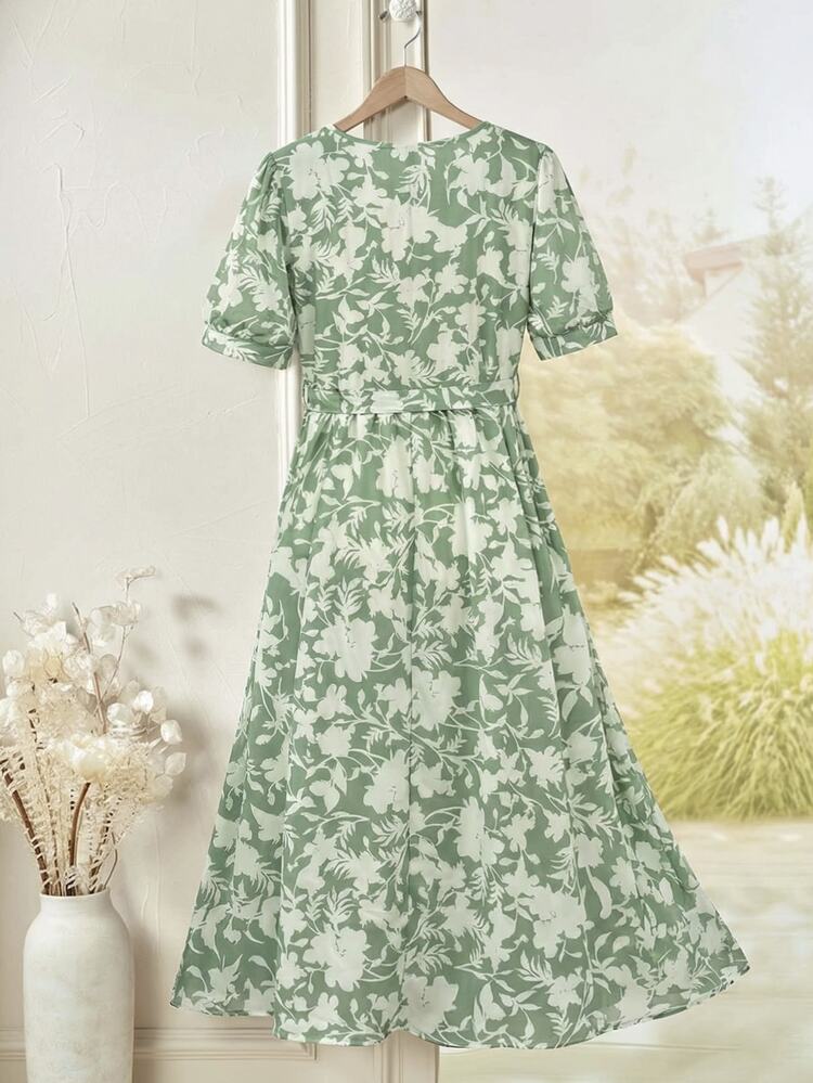 Rusticease 女款印花鈕扣中長洋裝 綠色花卉 夏季休閒 熱帶風 莊重優雅 波西米亞復古 度假派對野餐度假穿搭 - 彩色 - 查看 2