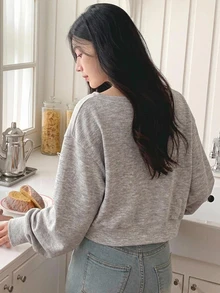 DAZY 女款寬鬆版型不對稱肩長袖T恤 - 灰色 - 查看 6