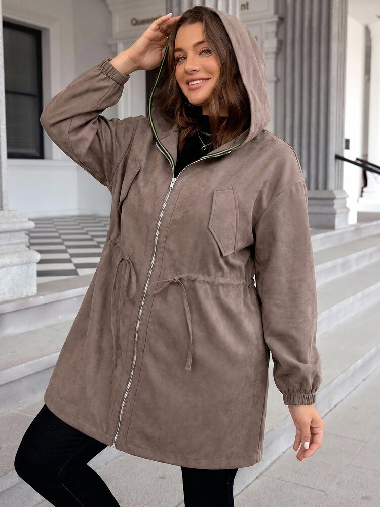 SHEIN LUNE Áo khoác dáng dài tay dài có mũ, khóa kéo trước, màu trơn, phong cách thường ngày, size lớn, mùa thu - màu nâu - Xem 7
