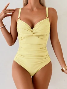SHEIN Swim 女士沙滩度假纯色金属环装饰交叉褶皱性感吊带背心和短裤套装 - 鵝黃色 - 查看 4