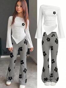 Kids Tween Girl Tween Girls T-Shirt Set, Casual Cute Minimalist Cartoon Floral Pattern, 2-Piece, Suitable For All School Black And White Autumn - Multicolor - View 1