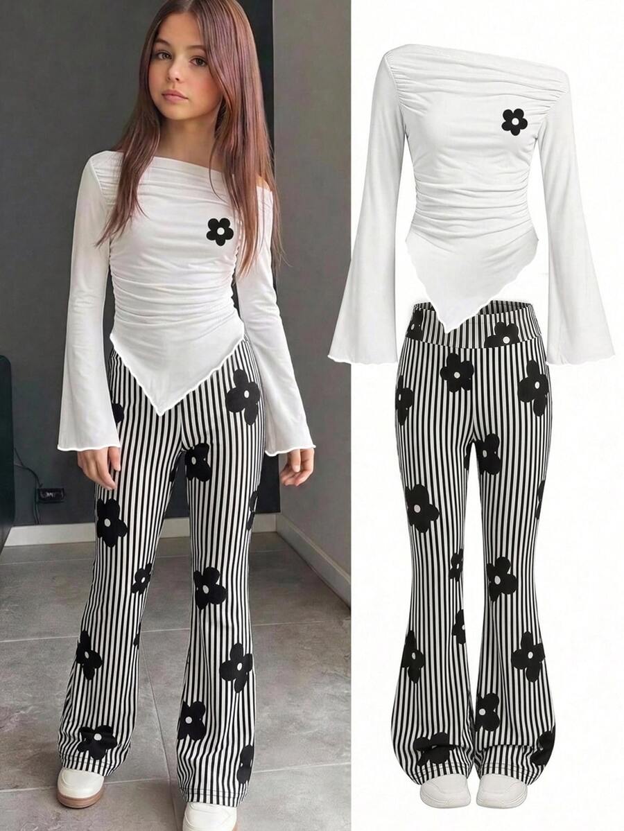 Kids Tween Girl Tween Girls T-Shirt Set, Casual Cute Minimalist Cartoon Floral Pattern, 2-Piece, Suitable For All School Black And White Autumn - Multicolor - View 1