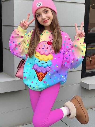 SHEIN Tween Girls Cute Cartoon Ice Cream Pattern, Colorful Polka Dot Tie-Dye, Sweet Cream Style, Round Neck Long Sleeve Sweatshirt & Leggings 2-Piece Set, Suitable For Autumn/Winter, Graphic, Cozy, Girls Outfit Sets, Y2K, Vintage, Kawaii