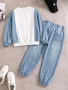 Een Boys 13-16Y Streetwear Colorblock Non-Denim Faux Denim Look California Print Sweatshirt & Distressed Ripped Joggers 2Pcs Outfit Set - Multicolor - View 2