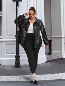 SHEIN CURVE+ سروال ضيق بخصر عريض بلون موحد مقاس كبير - الأسود - مشاهدة 2