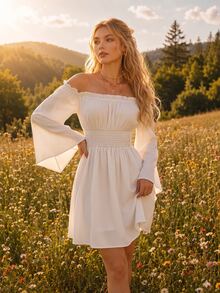 SHEIN MOD فستان أبيض بأكمام جرسية مكشكشة مع حافة مكشكشة وكتف مكشوف، فستان تخرج، هالوين - أبيض - مشاهدة 10