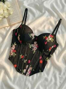 SHEIN MOD 女款復古性感刺繡黑色花卉束腰上衣，優雅誘人胸衣吊帶背心，適合夜晚外出約會派對，春假度假、萬聖節 - 黑色 - 查看 2