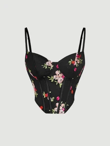 SHEIN MOD 女款復古性感刺繡黑色花卉束腰上衣，優雅誘人胸衣吊帶背心，適合夜晚外出約會派對，春假度假、萬聖節 - 黑色 - 查看 3