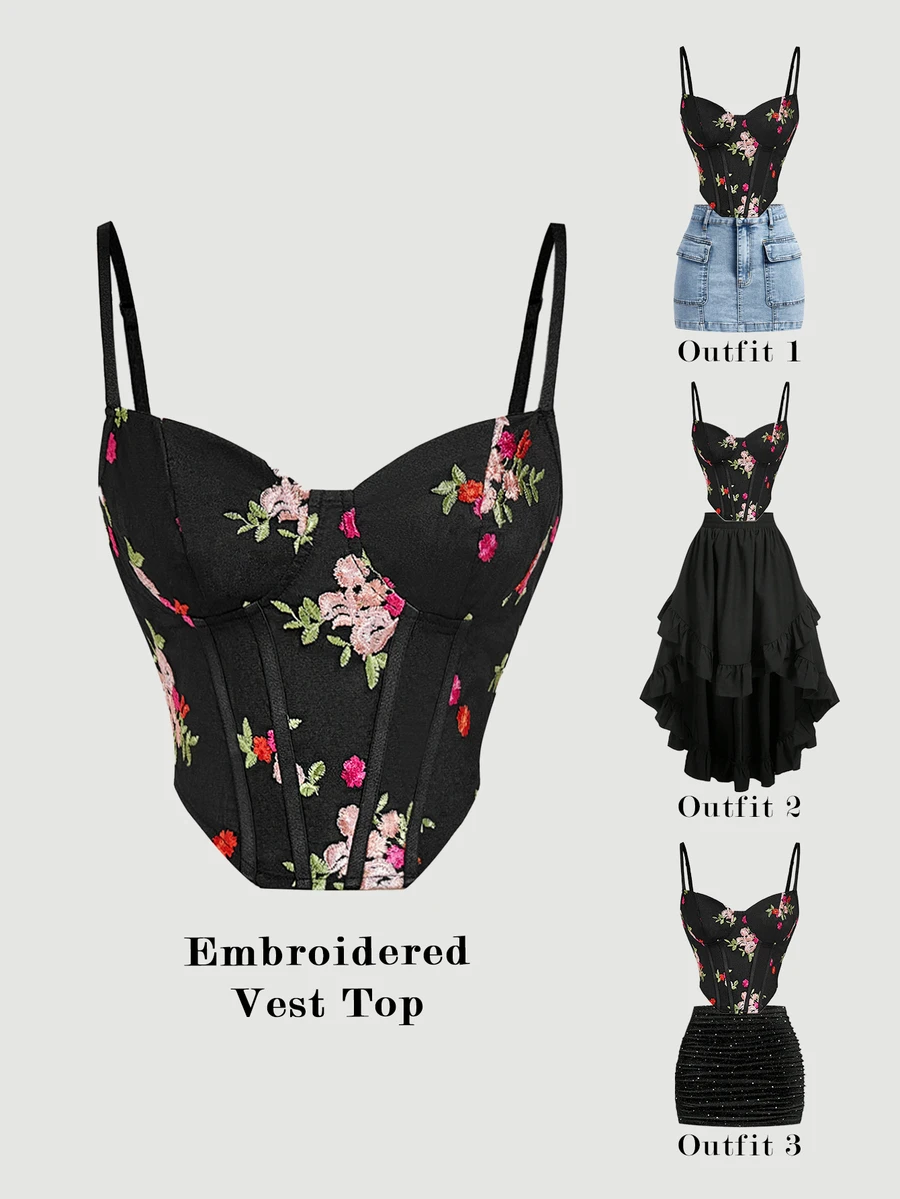 SHEIN MOD 女款復古性感刺繡黑色花卉束腰上衣,優雅誘人胸衣吊帶背心,適合夜晚外出約會派對,春假度假、萬聖節 - 黑色 - 查看 1