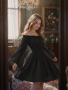 SHEIN MOD Off Shoulder Trumpet Sleeve Bell Sleeves Black Dress - Black - View 4