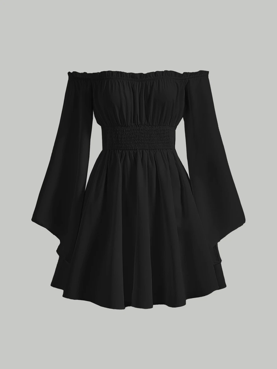 SHEIN MOD Off Shoulder Trumpet Sleeve Bell Sleeves Black Dress - Black - View 1