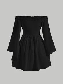 SHEIN MOD Off Shoulder Trumpet Sleeve Bell Sleeves Black Dress - Black - View 2