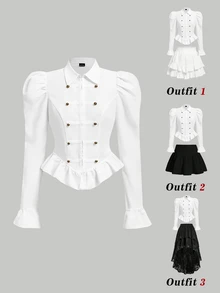 SHEIN MOD 女款純色泡泡長袖鈕扣設計休閒襯衫 - 白色 - 查看 3