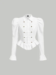 SHEIN MOD 女款純色泡泡長袖鈕扣設計休閒襯衫 - 白色 - 查看 5