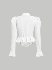 SHEIN MOD 女款純色泡泡長袖鈕扣設計休閒襯衫 - 白色 - 查看 4