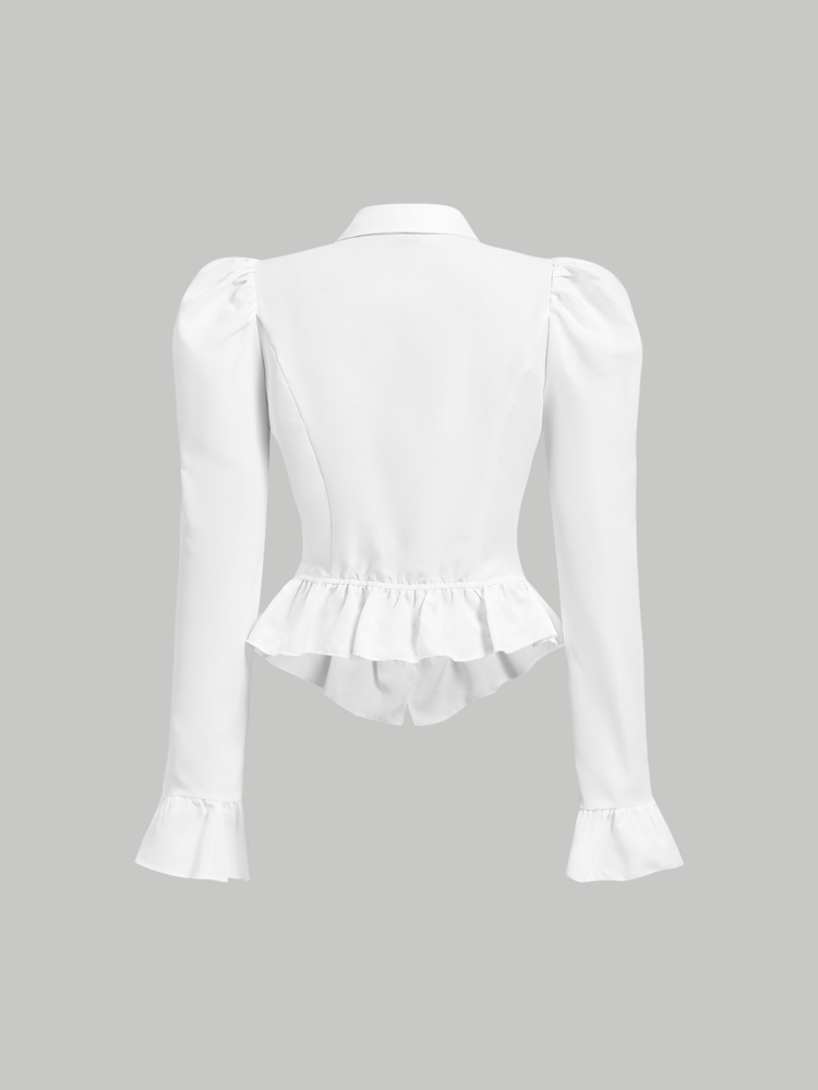 SHEIN MOD 女款純色泡泡長袖鈕扣設計休閒襯衫 - 白色 - 查看 4