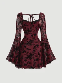 SHEIN MOD Elegant Ruched Bust Flare Sleeve Flocked-Jacquard Dress - Burgundy - View 2