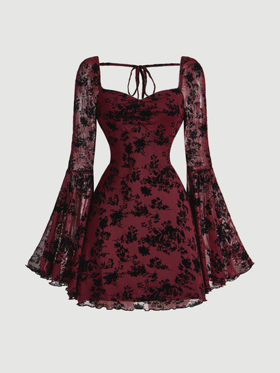 SHEIN MOD Elegant Ruched Bust Flare Sleeve Flocked-Jacquard Dress,Halloween