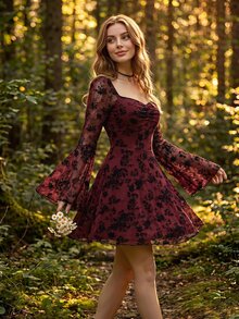 SHEIN MOD Elegant Ruched Bust Flare Sleeve Flocked-Jacquard Dress - Burgundy - View 6
