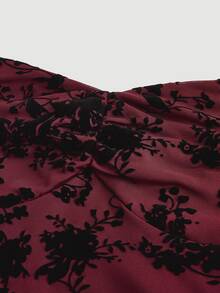 SHEIN MOD Elegant Ruched Bust Flare Sleeve Flocked-Jacquard Dress - Burgundy - View 4