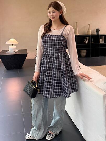 Bijouette Gaun Camisole Kotak-kotak Ukuran Besar untuk Wanita, Dekorasi Pita, Hem Bergelombang, Gaun Musim Panas dengan Tali Bahu Tipis