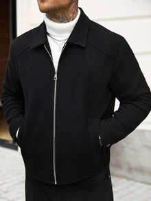 Manfinity CasualCool 男士純色休閒長袖大衣，適合秋冬穿著，奶油色鈕扣開襟外套 - 黑色 - 查看 6
