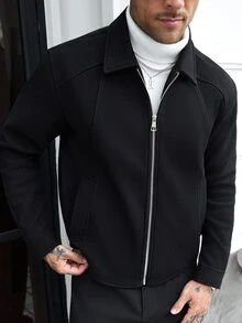 Manfinity CasualCool 男士純色休閒長袖大衣，適合秋冬穿著，奶油色鈕扣開襟外套 - 黑色 - 查看 3