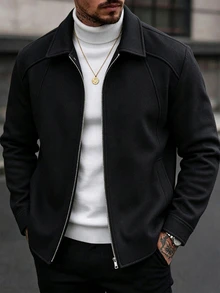 Manfinity CasualCool 男士純色休閒長袖大衣，適合秋冬穿著，奶油色鈕扣開襟外套 - 黑色 - 查看 7