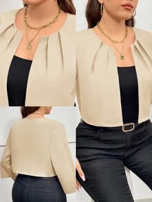 SHEIN Essnce 大码女装秋季镂空服装感恩节女装商务休闲女装秋季女装秋冬新款时尚优雅通勤办公室工作纯色红色七分袖短款西装外套 - 杏色 - 查看 7