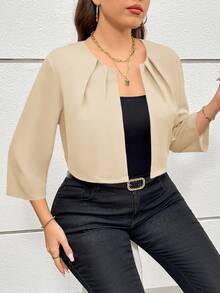 SHEIN Essnce 大码女装秋季镂空服装感恩节女装商务休闲女装秋季女装秋冬新款时尚优雅通勤办公室工作纯色红色七分袖短款西装外套 - 杏色 - 查看 1