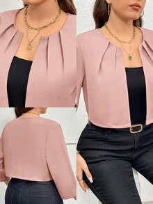SHEIN Essnce 大码女装秋季镂空服装感恩节商务休闲女装秋季秋冬新款时尚优雅通勤办公室工作纯色红色七分袖短款西装外套 - 藕粉色 - 查看 7