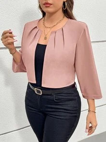 SHEIN Essnce 大码女装秋季镂空服装感恩节商务休闲女装秋季秋冬新款时尚优雅通勤办公室工作纯色红色七分袖短款西装外套 - 藕粉色 - 查看 3