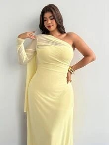 Sassy Hour Plus Size Women Solid Color One Shoulder Long Sleeve Fitted Elegant Dress Festival Outfits Party Evening Wedding Guest Yellow Autumn Fall - Yellow - View 8