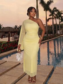 Sassy Hour Plus Size Women Solid Color One Shoulder Long Sleeve Fitted Elegant Dress Festival Outfits Party Evening Wedding Guest Yellow Autumn Fall - Yellow - View 2