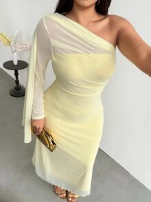 Sassy Hour Plus Size Women Solid Color One Shoulder Long Sleeve Fitted Elegant Dress Festival Outfits Party Evening Wedding Guest Yellow Autumn Fall - Yellow - View 10