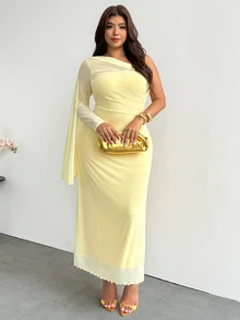 Sassy Hour Plus Size Women Solid Color One Shoulder Long Sleeve Fitted Elegant Dress Festival Outfits Party Evening Wedding Guest Yellow Autumn Fall - Yellow - View 6