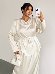 Firerie Conjunto de 2 Peças Plus Size Feminino com Blusa de Manga Longa Gola Canoa Cor Sólida e Saia Elegante Curva Casual para Casamento Jantar Convidada Formal Festa Coquetel Branco - Damasco - Visão 6