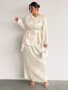 Firerie Conjunto de 2 Peças Plus Size Feminino com Blusa de Manga Longa Gola Canoa Cor Sólida e Saia Elegante Curva Casual para Casamento Jantar Convidada Formal Festa Coquetel Branco - Damasco - Visão 8