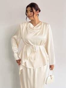 Firerie Conjunto de 2 Peças Plus Size Feminino com Blusa de Manga Longa Gola Canoa Cor Sólida e Saia Elegante Curva Casual para Casamento Jantar Convidada Formal Festa Coquetel Branco - Damasco - Visão 4