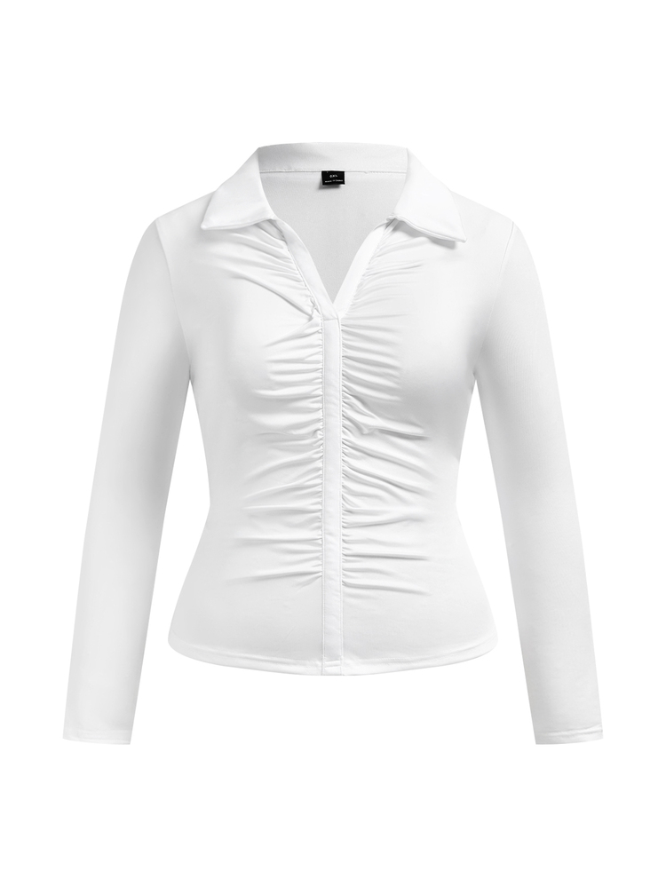 SHEIN Privé Fitted Ruched Collar Plus Size T-Shirt Fall - White - View 5