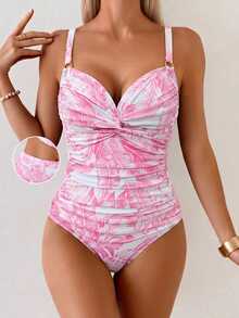 SHEIN Swim 女款純色金屬環飾交叉綁帶百褶性感背心短褲套裝，適合海灘度假 - 粉色 - 查看 2