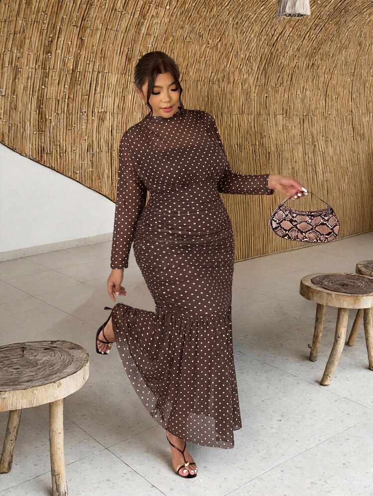 Firerie Gaun Maxi Lengan Panjang Jala Polkadot Cokelat Ukuran Plus Pas Ramping dengan Pinggang Berkerut Gaya Vintage 1950-an 1920-an Elegan untuk Tamu Pernikahan, Acara Malam Formal, dan Liburan - Coklat - View 7